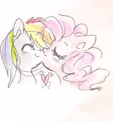 Size: 5312x5760 | Tagged: safe, artist:pinkablue, derpibooru import, pinkie pie, rainbow dash, earth pony, pegasus, pony, absurd resolution, female, heart, kissing, lesbian, pinkiedash, shipping, sketch, traditional art