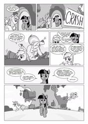 Size: 1656x2336 | Tagged: safe, artist:crydius, derpibooru import, angel bunny, applejack, rainbow dash, twilight sparkle, earth pony, pegasus, pony, comic, crash, dirt, monochrome