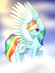 Size: 1200x1600 | Tagged: safe, artist:rdstartie, derpibooru import, rainbow dash, pegasus, pony, cloud, one eye closed, raised hoof, solo, wink