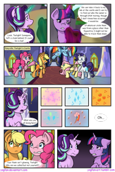 Size: 1024x1536 | Tagged: safe, artist:yogfan, derpibooru import, applejack, fluttershy, pinkie pie, rainbow dash, rarity, starlight glimmer, twilight sparkle, twilight sparkle (alicorn), alicorn, earth pony, pegasus, pony, unicorn, comic:but i do now, booty call, cloak, clothes, comic, female, glowing cutie mark, glowing horn, magic, mane six, mare