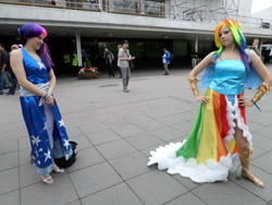 Size: 4608x3456 | Tagged: safe, artist:juu50x, rainbow dash, twilight sparkle, human, clothes, cosplay, crystal fair con, dress, finland, finlandia hall, gala dress, irl, irl human, outdoors, photo, pose, smiling