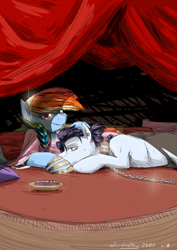 Size: 4961x6992 | Tagged: safe, artist:lrusu, derpibooru import, rainbow dash, soarin', pegasus, pony, absurd resolution, bondage, bowl, chains, collar, ear piercing, femdom, food, grapes, male, piercing, pillow, shipping, slave, soarindash, straight, stupid sexy soarin'