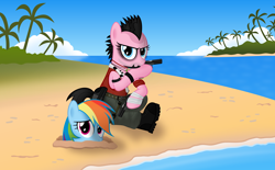 Size: 7666x4759 | Tagged: safe, artist:psyxofthoros, derpibooru import, pinkie pie, rainbow dash, earth pony, pegasus, pony, absurd resolution, crossover, far cry, far cry 3, vaas montenegro