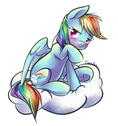 Size: 850x913 | Tagged: safe, artist:moenkin, rainbow dash, pegasus, pony, blushing, cloud, cute, dashabetes, frown, looking away, raised hoof, simple background, sitting, solo, transparent background, tsunderainbow, tsundere, underhoof