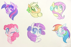 Size: 2716x1795 | Tagged: safe, artist:siggie740, derpibooru import, applejack, fluttershy, pinkie pie, rainbow dash, rarity, twilight sparkle, earth pony, pegasus, pony, unicorn, :i, blushing, bust, cute, dashabetes, diapinkes, flower, flower in hair, jackabetes, looking at you, mane six, one eye closed, portrait, raribetes, shyabetes, simple background, tongue out, traditional art, twiabetes, white background