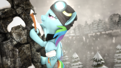 Size: 4000x2250 | Tagged: safe, artist:redaceofspades, derpibooru import, rainbow dash, pegasus, pony, 3d, bandage, cap, goggles, hat, mountain, mountain climbing, poster, snow, solo, source filmmaker, tree