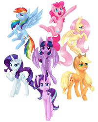 Size: 2803x3481 | Tagged: safe, artist:doekitty, derpibooru import, applejack, fluttershy, pinkie pie, rainbow dash, rarity, starlight glimmer, twilight sparkle, twilight sparkle (alicorn), alicorn, earth pony, pegasus, pony, unicorn, armpits, cowboy hat, eyeshadow, flying, freckles, grin, hat, lidded eyes, looking at you, makeup, mane six, mare, open mouth, simple background, smiling, spread wings, stetson, white background