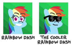 Size: 354x219 | Tagged: safe, artist:threetwotwo32232, derpibooru import, rainbow dash, pegasus, pony, solo, sunglasses, yearbook