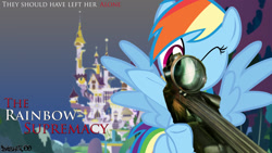 Size: 1920x1080 | Tagged: safe, artist:dash2600, derpibooru import, rainbow dash, pegasus, pony, canterlot, female, gun, hooves, jason bourne, mare, movie poster, one eye closed, optical sight, rifle, sniper rifle, solo, spread wings, text, the bourne supremacy, weapon, wings