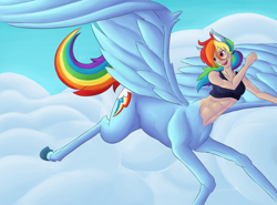 Size: 1200x887 | Tagged: safe, artist:sepisnake, rainbow dash, centaur, abs, clothes, flying, humanized, midriff, solo, sports bra, tanktop