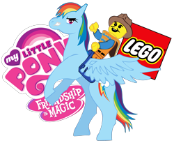 Size: 2200x1800 | Tagged: safe, artist:big-mac-a-brony, rainbow dash, pegasus, pony, crossover, emmet brickowski, fim logo, lego, logo, my little pony logo, riding, saddle, simple background, the lego movie, transparent background, vector