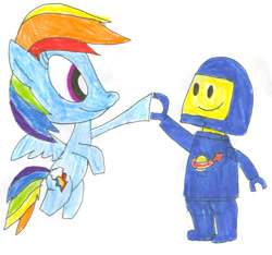 Size: 791x741 | Tagged: safe, artist:sithvampiremaster27, rainbow dash, pegasus, pony, benny, crossover, high five, hoofbump, lego, the lego movie, traditional art