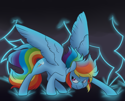 Size: 2037x1639 | Tagged: safe, artist:princess-hanners, rainbow dash, pegasus, pony, blue coat, female, lightning, mare, multicolored mane, solo