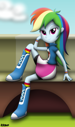 Size: 3685x6213 | Tagged: safe, artist:kiowa213, rainbow dash, equestria girls, bedroom eyes, boots, clothes, signature, sitting, skirt, solo