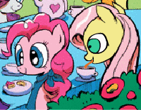 Size: 200x157 | Tagged: safe, artist:purgeslc, derpibooru import, edit, fluttershy, pinkie pie, rainbow dash, rarity, earth pony, pegasus, pony, unicorn, spoiler:comic, angry, animated, creepy, disturbing, drinking, female, fluffle puffing, flutterpie, lesbian, licking, shipping, sipping, tea, tea party, tongue out, wat