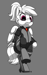 Size: 1204x1920 | Tagged: safe, artist:pabbley, derpibooru import, rainbow dash, pegasus, pony, armor, bipedal, crossover, monochrome, neo noir, partial color, resident evil, simple background, solo