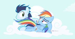 Size: 900x470 | Tagged: safe, artist:dm29, rainbow dash, soarin', pegasus, pony, bedroom eyes, female, lying, male, shipping, smiling, soarindash, straight, tail seduce