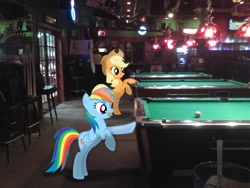 Size: 2048x1536 | Tagged: safe, artist:tokkazutara1164, derpibooru import, applejack, rainbow dash, atm, bar, chair, irl, photo, ponies in real life, pool table, shipping, vector