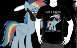 Size: 556x350 | Tagged: safe, artist:kuzcorish, rainbow dash, pegasus, pony, backwards ballcap, baseball cap, brony, clothes, deal with it, glasses, hat, merchandise, redbubble, shirt, solo, sunglasses, text