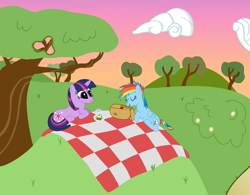 Size: 5926x4616 | Tagged: safe, artist:ragerer, rainbow dash, twilight sparkle, pegasus, pony, absurd resolution, female, filly, filly rainbow dash, filly twilight sparkle, lesbian, picnic, shipping, sunset, twidash, vector