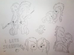 Size: 1032x774 | Tagged: safe, artist:rd97, rainbow dash, soarin', pegasus, pony, bedroom eyes, crying, female, gun, heart, hug, kissing, male, monochrome, natural born killers, old cutie mark, shipping, sketch dump, soarindash, straight, traditional art