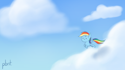 Size: 1280x720 | Tagged: safe, artist:plebenant, derpibooru import, rainbow dash, pegasus, pony, flying, small, solo