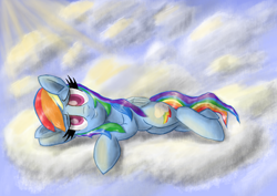 Size: 1754x1240 | Tagged: safe, artist:manfartwish, rainbow dash, pegasus, pony, cloud, cloudy, looking at you, on a cloud, on side, solo