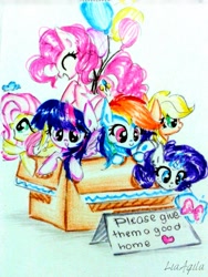 Size: 1200x1600 | Tagged: safe, artist:liaaqila, derpibooru import, applejack, fluttershy, pinkie pie, rainbow dash, rarity, twilight sparkle, twilight sparkle (alicorn), alicorn, butterfly, earth pony, pegasus, pony, unicorn, balloon, box, cute, mane six, ponies in a box, pony in a box