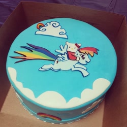 Size: 640x640 | Tagged: safe, rainbow dash, pegasus, pony, cake, crossover, flying, food art, hello kitty, riding, sanrio