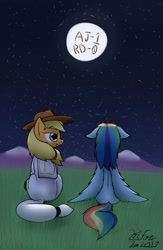 Size: 835x1280 | Tagged: safe, artist:the-furry-railfan, derpibooru import, part of a series, part of a set, applejack, rainbow dash, earth pony, pegasus, pony, series:one small trot for a pony, applejack's hat, astronaut, cowboy hat, floppy ears, grin, hat, message, moon, mountain, night, outdoors, sequence, smiling, smug, spacesuit, stars, story included, wings, wings down