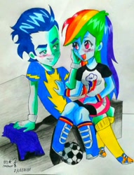 Size: 732x960 | Tagged: safe, artist:darindashiedo, derpibooru import, rainbow dash, soarin', equestria girls, equestria girls-ified, football, male, shipping, soarindash, straight, traditional art