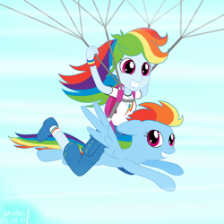 Size: 1000x1000 | Tagged: safe, artist:phallen1, derpibooru import, rainbow dash, pony, equestria girls, clothes, cute, dashabetes, double rainbow, flying, gliding, grin, human ponidox, pants, parachute, riding, self ponidox, shirt, smiling, t-shirt