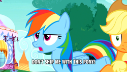 Size: 1280x720 | Tagged: safe, derpibooru import, edit, edited screencap, screencap, applejack, rainbow dash, earth pony, pegasus, pony, appledash, caption, carousel boutique, female, lesbian, meme, shipping, shipping denied, text