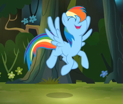 Size: 811x689 | Tagged: safe, screencap, rainbow dash, pegasus, pony, daring don't, cute, flying, jumping, silly, solo