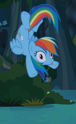 Size: 667x1077 | Tagged: safe, screencap, rainbow dash, pegasus, pony, daring don't, backbend, female, flying, mare, silly, silly pony, solo, tongue out