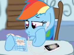 Size: 786x590 | Tagged: safe, artist:biosonic100, rainbow dash, pegasus, pony, book, earbuds, ipod, reading, solo