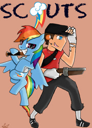 Size: 758x1053 | Tagged: safe, rainbow dash, pegasus, pony, blue skin, clothes, female, multicolored hair, scout, team fortress 2