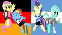 Size: 720x405 | Tagged: safe, artist:ironm17, artist:j4lambert, bon bon, fluttershy, lyra heartstrings, rainbow dash, sweetie drops, pegasus, pony, 2014, argentina, clothes, final, football, german flag, germany, jersey, short-sleeved goalkeeper jersey, world cup