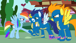 Size: 1024x576 | Tagged: safe, artist:gizemyorganci, rainbow dash, soarin', spitfire, surprise, pegasus, pony, female, jealous, male, shipping, soarindash, straight, wonderbolts uniform