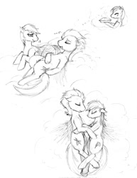 Size: 773x1000 | Tagged: safe, artist:tinuleaf, rainbow dash, soarin', pegasus, pony, female, male, monochrome, pie, shipping, sketch dump, soarindash, straight, traditional art