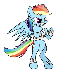 Size: 854x976 | Tagged: safe, artist:hip-indeed, rainbow dash, pegasus, pony, bandage, blue coat, female, mare, multicolored mane, solo