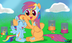 Size: 1000x600 | Tagged: safe, artist:serenawatchmen, rainbow dash, scootaloo, pegasus, pony, bodypaint, cloud, cute, cutealoo, dawwww, eyes closed, female, filly, grass, happy, hug, mare, noogie, open mouth, paint, paint bucket, paint in hair, paint on feathers, paint on fur, paintbrush, painting characters, palette swap, rainbow paint, recolor, role reversal, scootalove, sitting, smiling, spread wings, wings