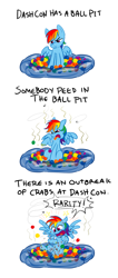 Size: 834x1962 | Tagged: safe, artist:lightfantastictgc, rainbow dash, pegasus, pony, ball pit, comic, crabs, dashcon, disgusted, female, frown, glare, grumpy, implied rarity fighting a giant crab, open mouth, sexually transmitted disease, shocked, sitting, smelly, solo, spread wings, tongue out, unamused, urine, wide eyes, yelling