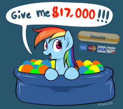 Size: 1280x1137 | Tagged: dead source, safe, artist:moozua, rainbow dash, pegasus, pony, american express, ball pit, bronybait, comic, cute, dashcon, dialogue, discover card, donate button, donation, female, mare, mastercard, paypal, pun, simple background, solo, visa
