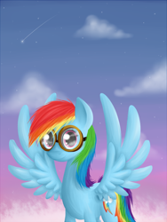 Size: 700x933 | Tagged: safe, artist:lunarii, rainbow dash, pegasus, pony, cloud, cloudy, goggles, shooting star, sky, smiling, solo, spread wings