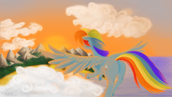 Size: 1920x1080 | Tagged: safe, artist:bronyjunk, rainbow dash, pegasus, pony, cloud, cloudy, dusk, flying, mountain, ocean, solo