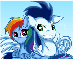 Size: 742x612 | Tagged: safe, artist:accursedknight, rainbow dash, soarin', pegasus, pony, blushing, female, floppy ears, male, shipping, smiling, soarindash, spread wings, straight