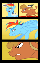 Size: 1000x1548 | Tagged: safe, artist:chubbyjam, little strongheart, rainbow dash, buffalo, pegasus, pony, series:little strongfart, over a barrel, chase, comic, female, imminent vore, mare, train