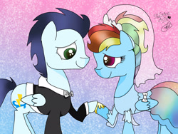 Size: 2048x1536 | Tagged: safe, artist:sapphirearts0123, rainbow dash, soarin', pegasus, pony, alternate hairstyle, clothes, dress, female, male, shipping, soarindash, straight, suit, wedding