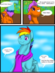 Size: 1200x1600 | Tagged: safe, artist:tristanjsolarez, rainbow dash, scootaloo, pegasus, pony, comic:trans ponies, clothes, comic, duo, female, filly, male, scarf, stallion, transgender, worm's eye view